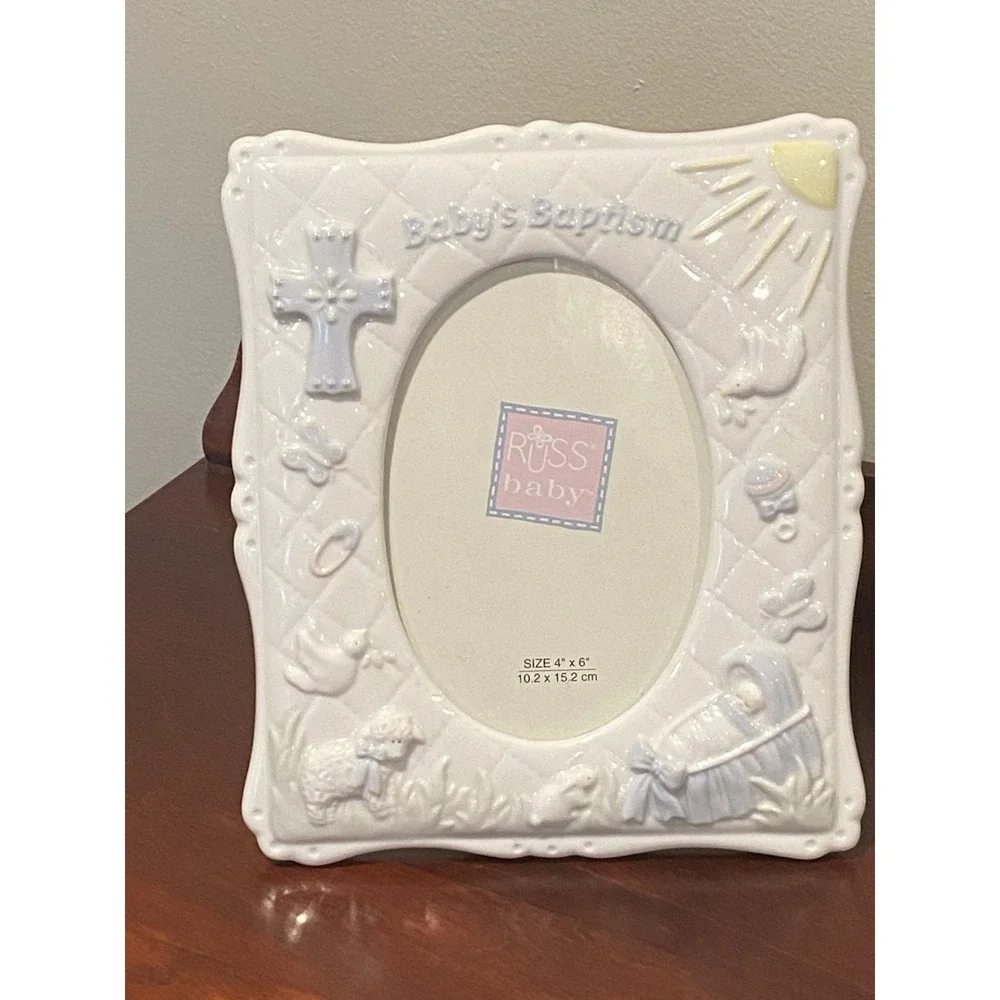 Russ Ceramic Photo Frame Baptism Baby Blue 4x6 Portrait Layout Picture Holder